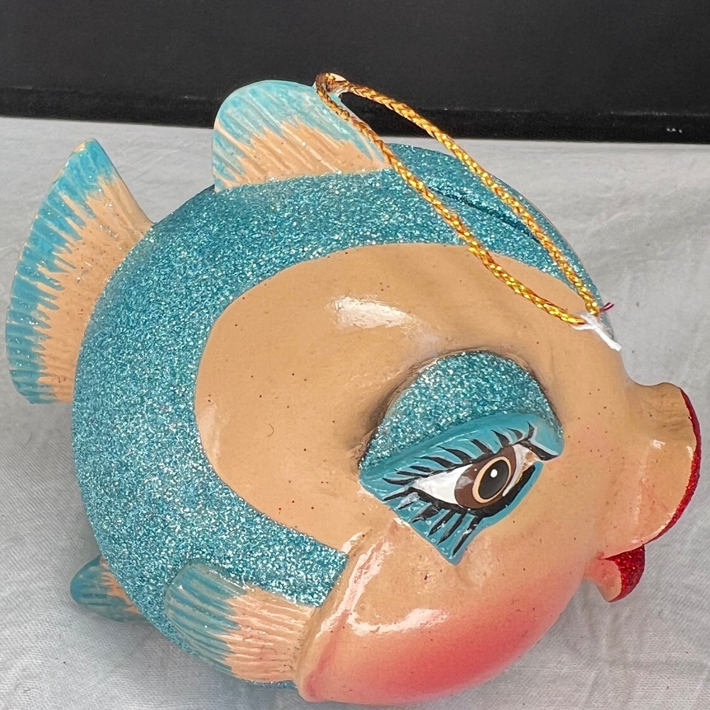 Katherine's Collection Kissing Fish Ornament Coin Bank LT BLUE Glitter Hang Tag